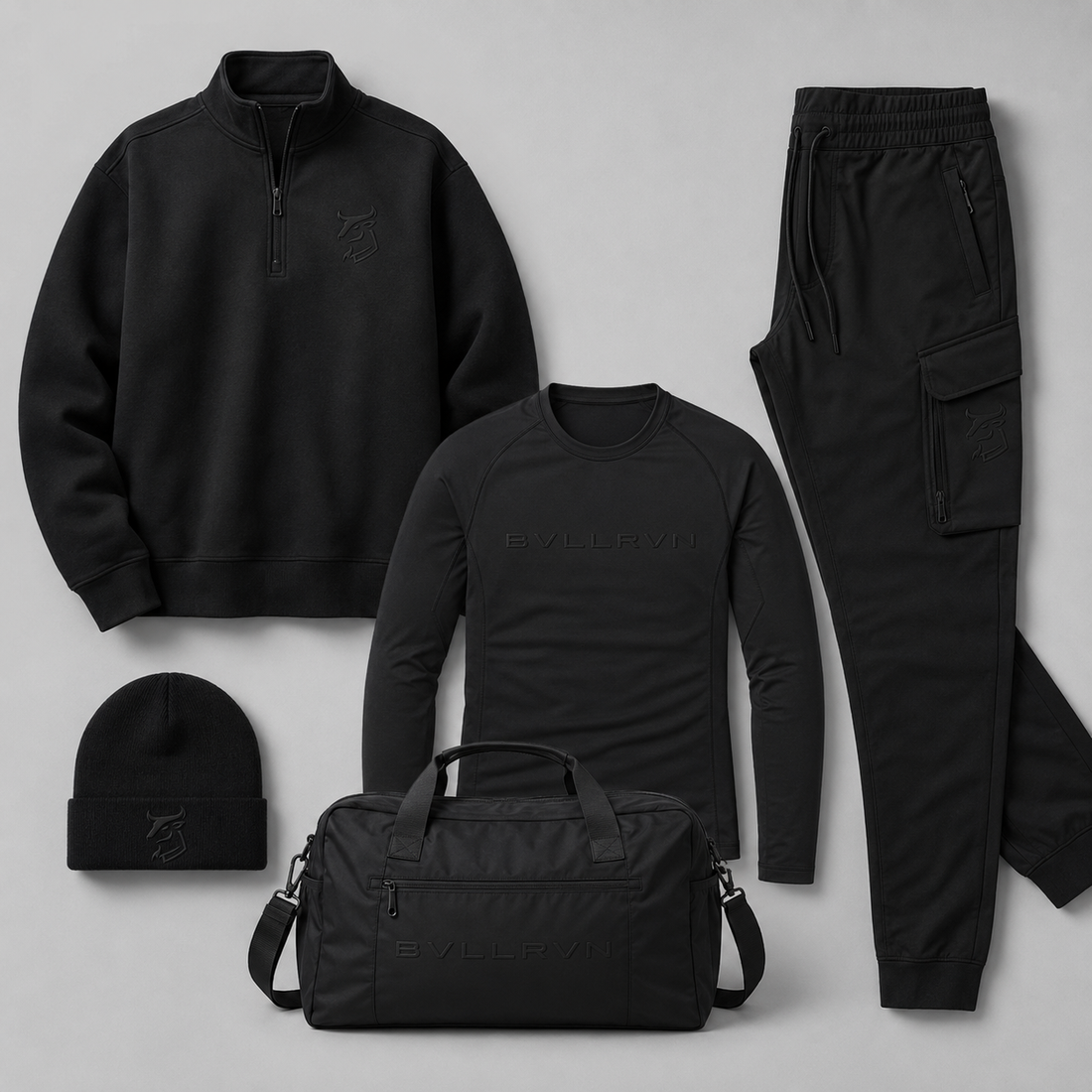 Blackout quarter-zip, base layer, cargo joggers, beanie, and duffle