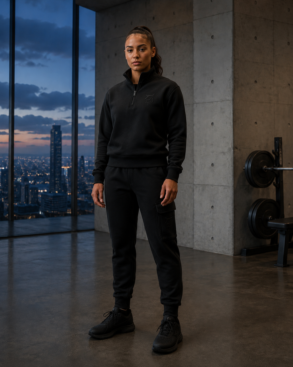 Athlete in blackout quarter-zip and cargo joggers